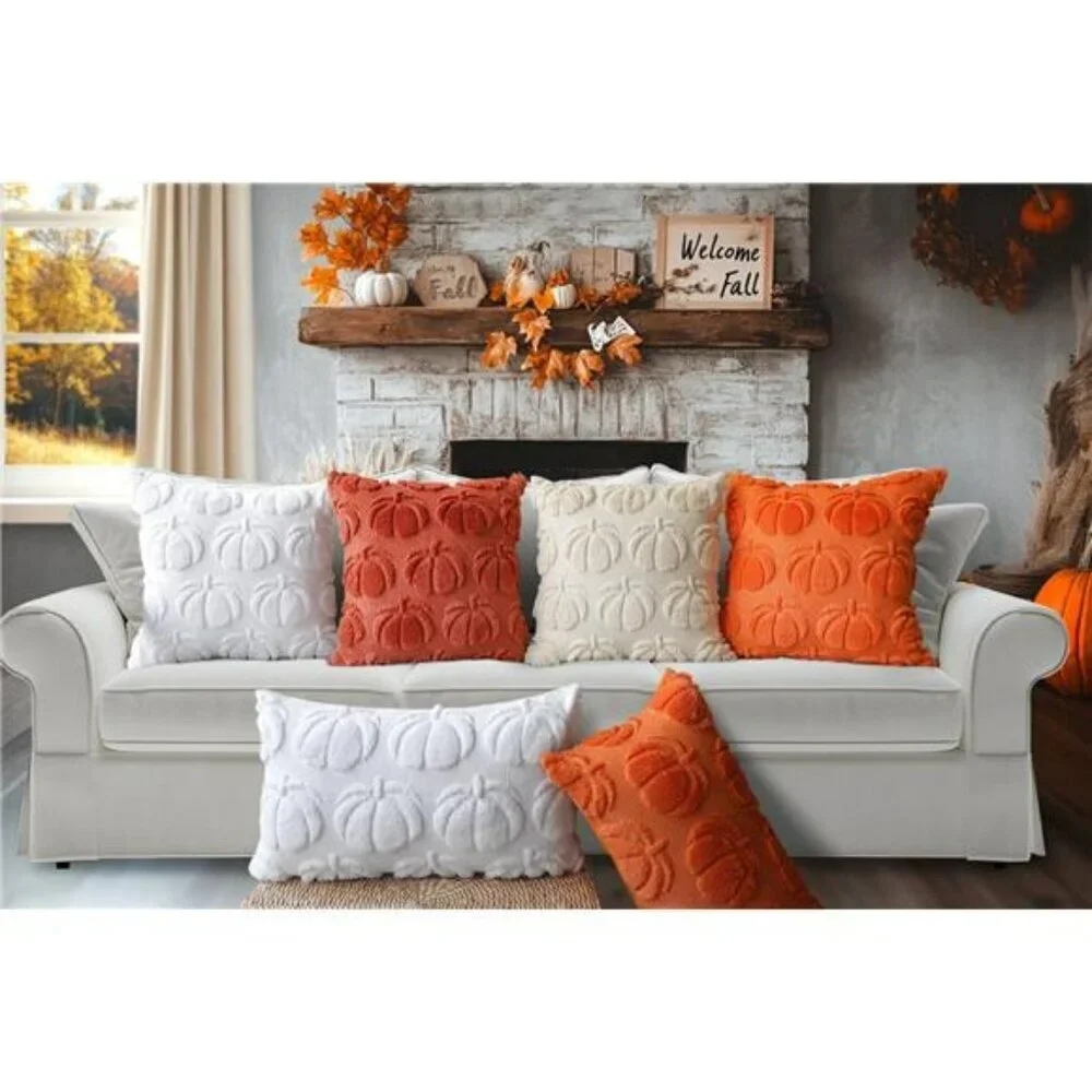 Fall Pumpkin Pillow Covers 18x18 Set of 2 Plush Faux Fur Farmhouse Thanksgiving